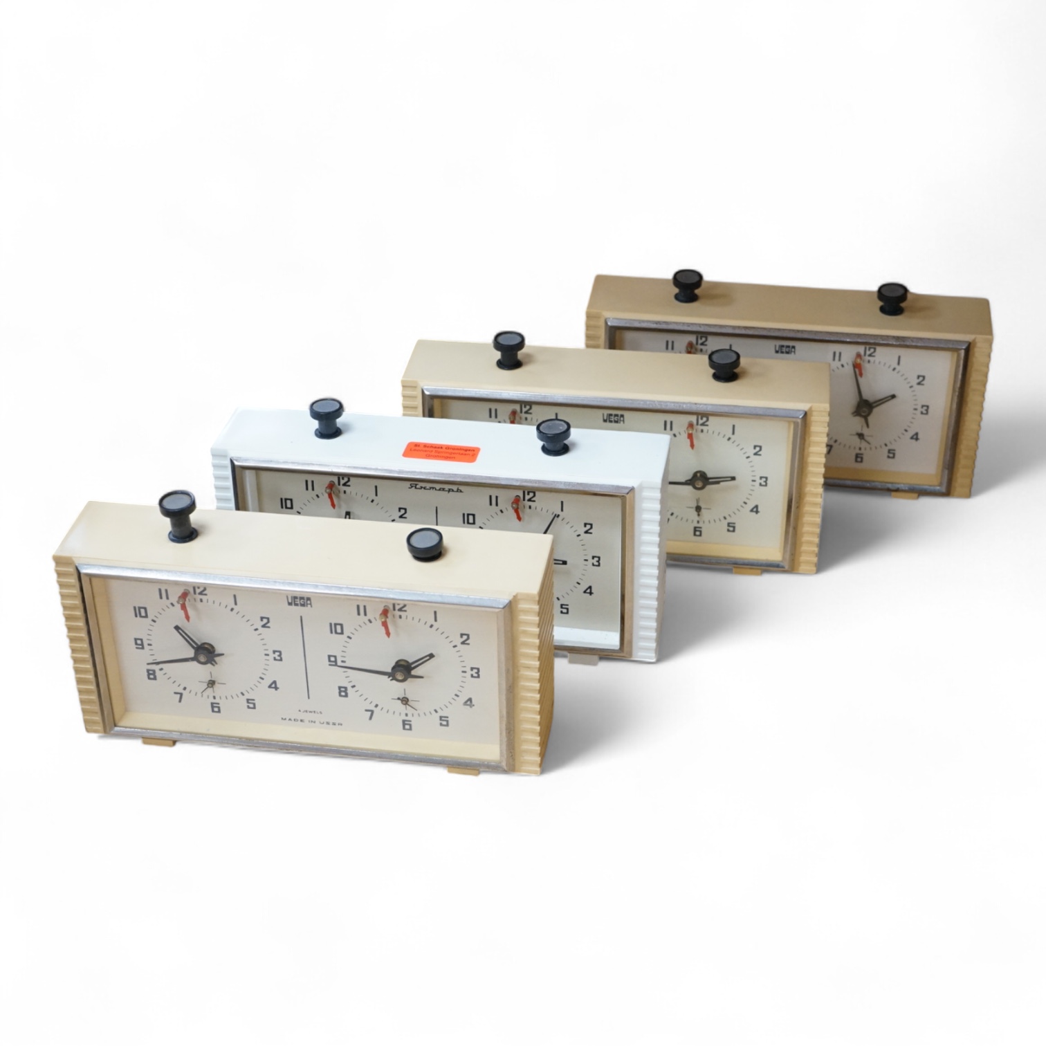 Four Russian USSR chess timers (clocks), three by Vega and a Yantar. Condition - fair to good, Yantar missing glass front.